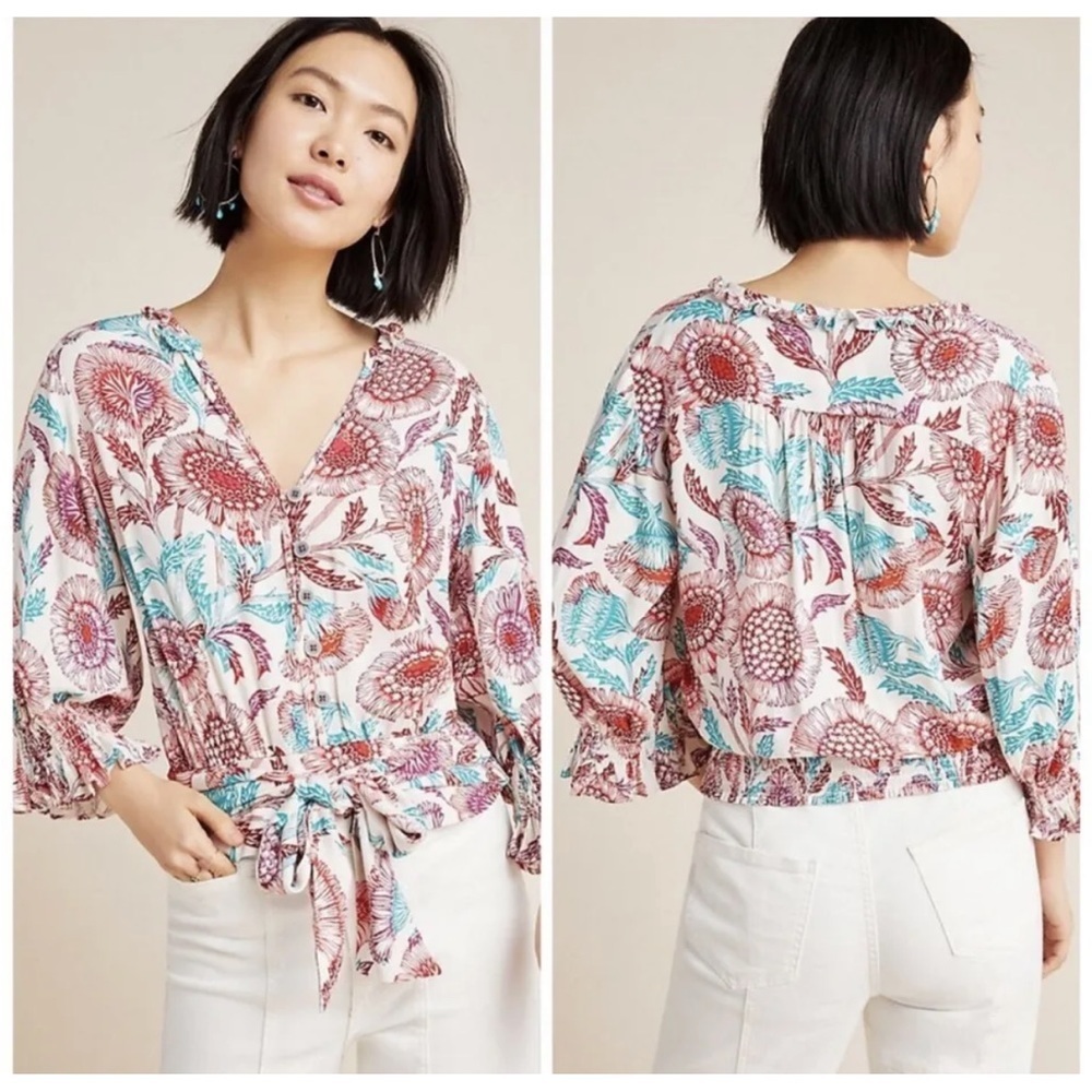 TUGBOAT Anthropologie Saraya Blouse Top Boho Floral Shirt Balloon Sleeves Small